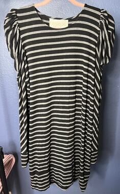Thread Social Striped Long Puff Sleeve Dress Black Gray Casual Stretch Large
